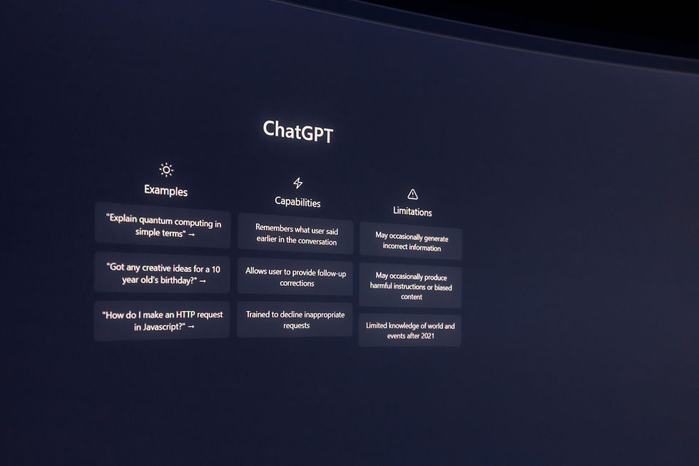 Tela escura do ChatGPT com seções Examples, Capabilities e Limitations e textos explicativos em inglês.