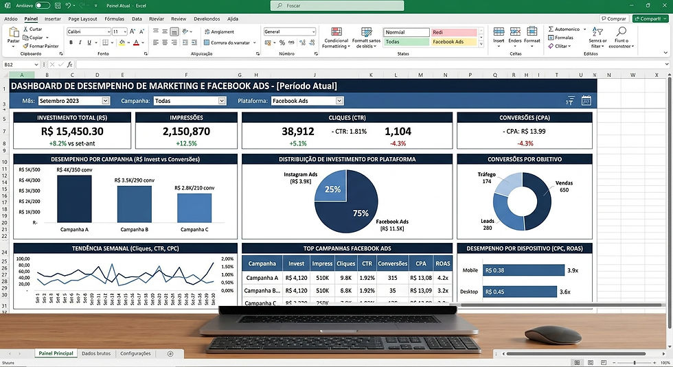 Tela do Excel com dashboard de marketing e Facebook Ads, métricas e gráficos de Setembro 2023, exibida num laptop sobre a mesa.