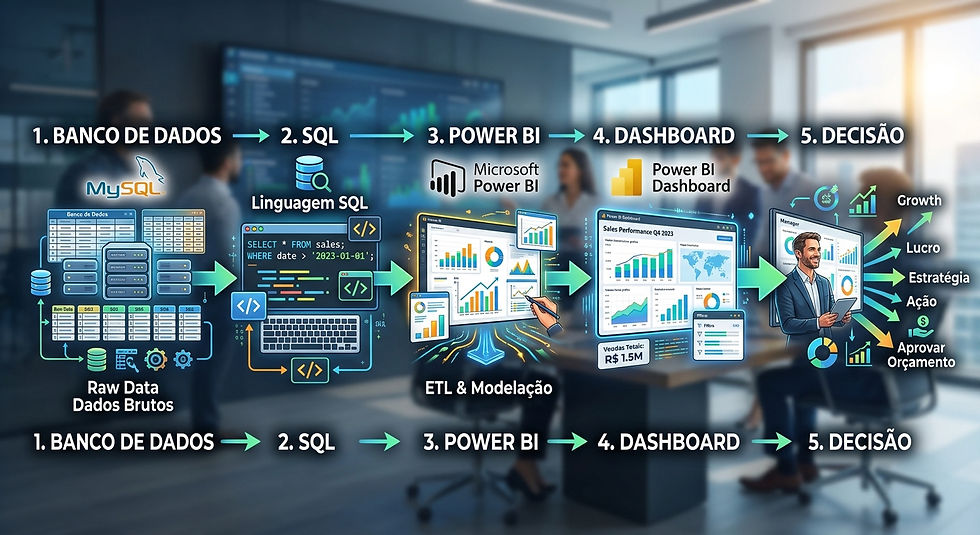 Infográfico em sala de reunião mostra fluxo MySQL→SQL→Power BI→dashboard→decisão, com gráficos, dados brutos e textos sobre lucro.