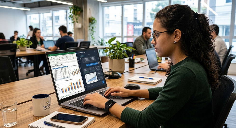 Mulher de óculos trabalha em laptop com gráficos em escritório moderno; caneca Serta Workspace à mesa.