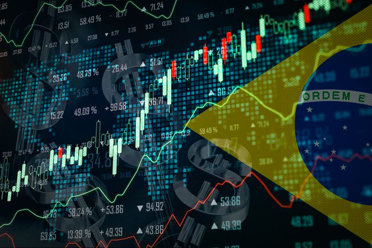 Gráficos financeiros em alta sobrepostos à bandeira do Brasil, com velas e números verdes, vermelhos e azuis.
