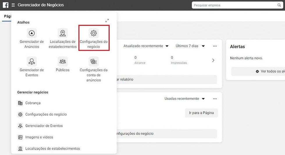 Tela do Facebook Gerenciador de Negócios com menu de atalhos aberto e opção Configurações do negócio destacada em vermelho.