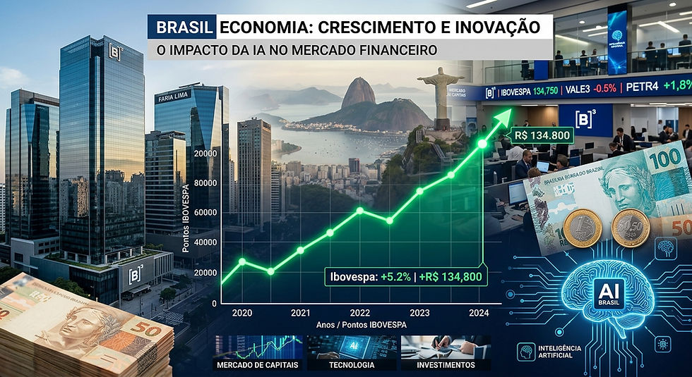 Infográfico da economia do Brasil, com Ibovespa em alta, prédios de São Paulo, notas e moedas, IA e mercado financeiro.