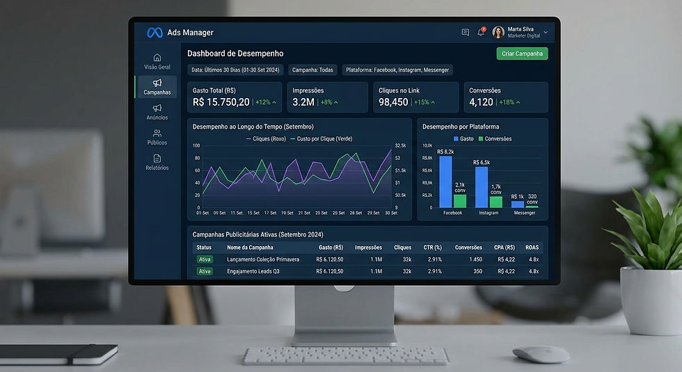 Monitor em mesa exibe dashboard de Ads Manager com gráficos, métricas e botão Criar Campanha; cenário moderno e profissional.