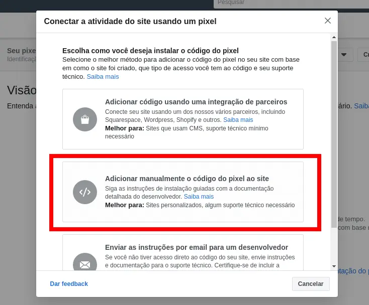 Janela em português para conectar atividade do site a um pixel, com opção destacada para adicionar manualmente o código ao site.