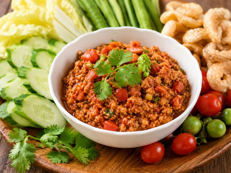Authentic Northern Thai Nam Prik Aong with fresh vegetables and sticky rice