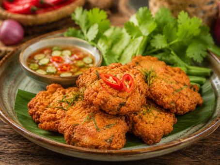 Golden fried Thai fish cakes served with cucumber salad dip