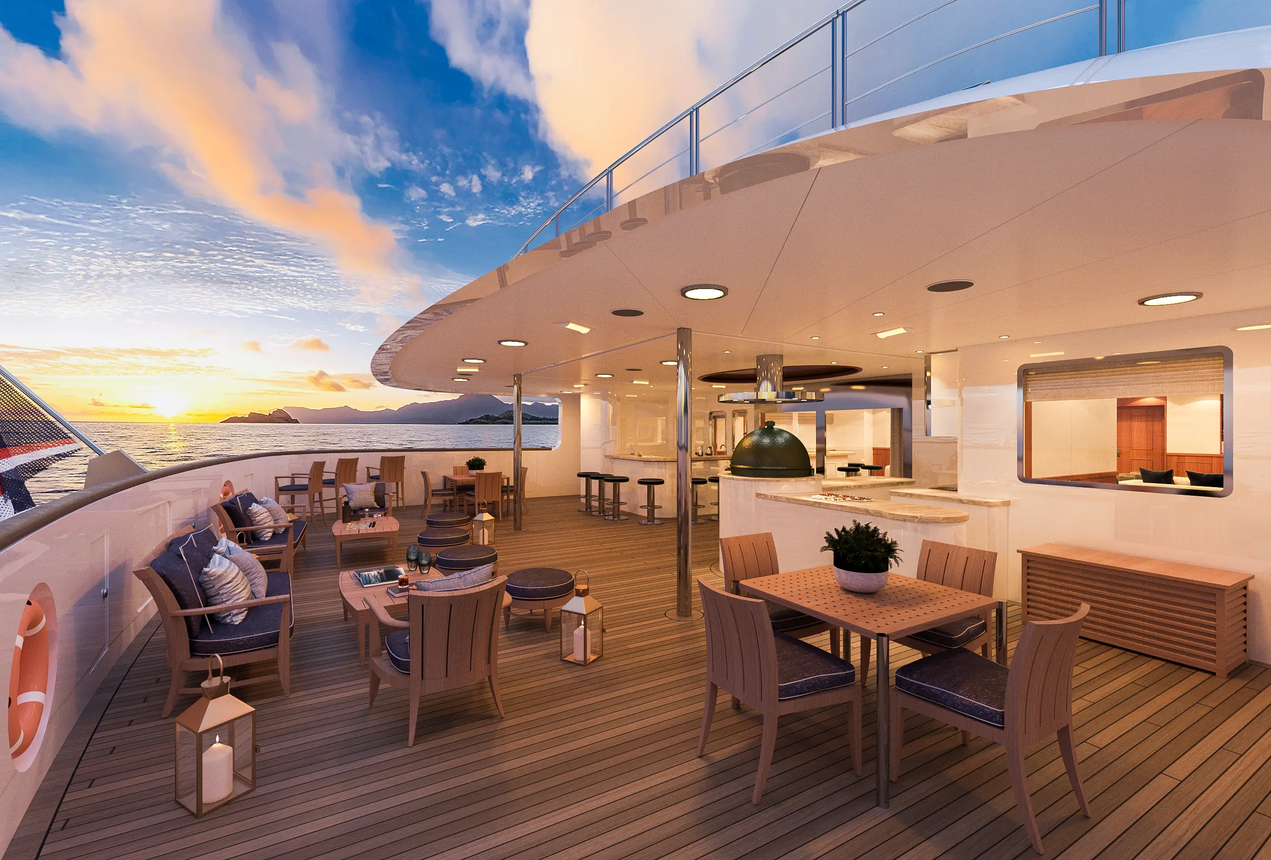 An outdoor dining and lounge deck aboard a luxury cruise ship at sunse