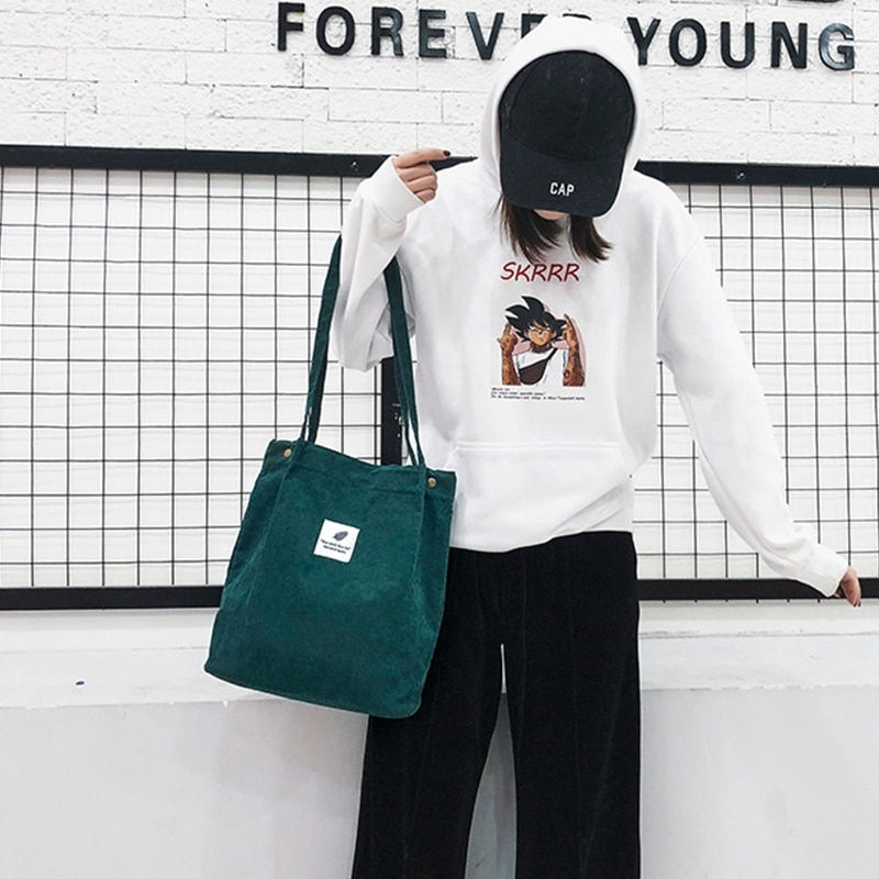 Miniature : Foldable Corduroy Bag Reusable Handbag Shoulder Bags