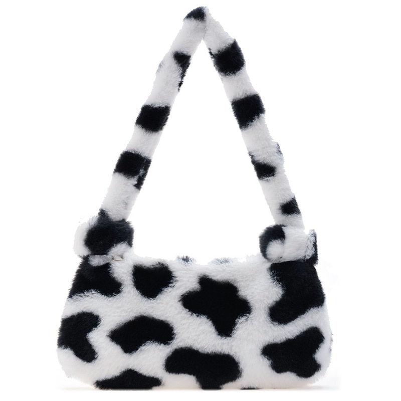 Miniatura: Cow Print Mini Shoulder Bags Plush Underarm Bags Leopard Fluffy Tote Purses