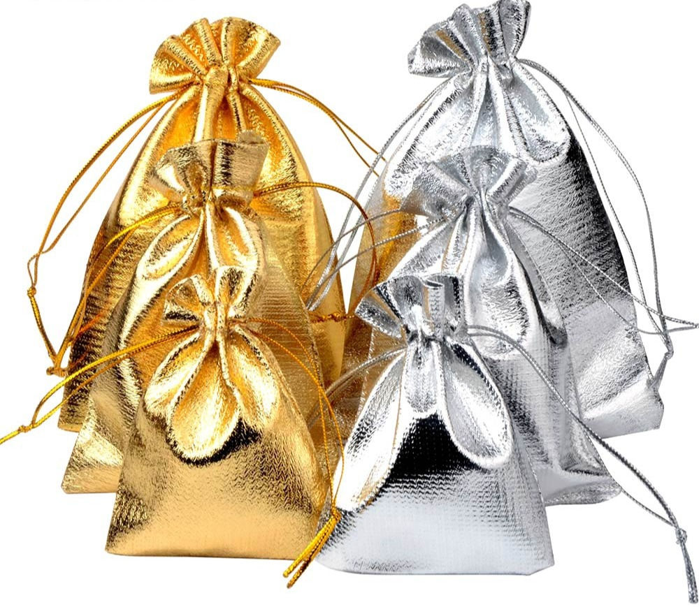 50pcs/lot 7x9 9x12 10x15cm Jewelry Gold Colors Drawstring Storage Pouches