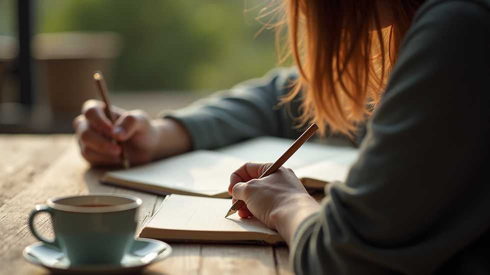 Close-up view of a person journaling in a serene environment