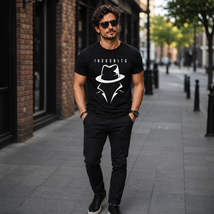 Minimalist silhouette with fedora hat and Incognito text, film noir style t-shirt design on black background
