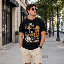 Cute guilty dog sitting beside torn toilet paper with I'm Guilty But It Wasn't Me text. Funny pet t-shirt design