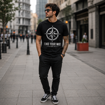 Minimalist geometric compass with Find Your Way text, clean motivational t-shirt design on black