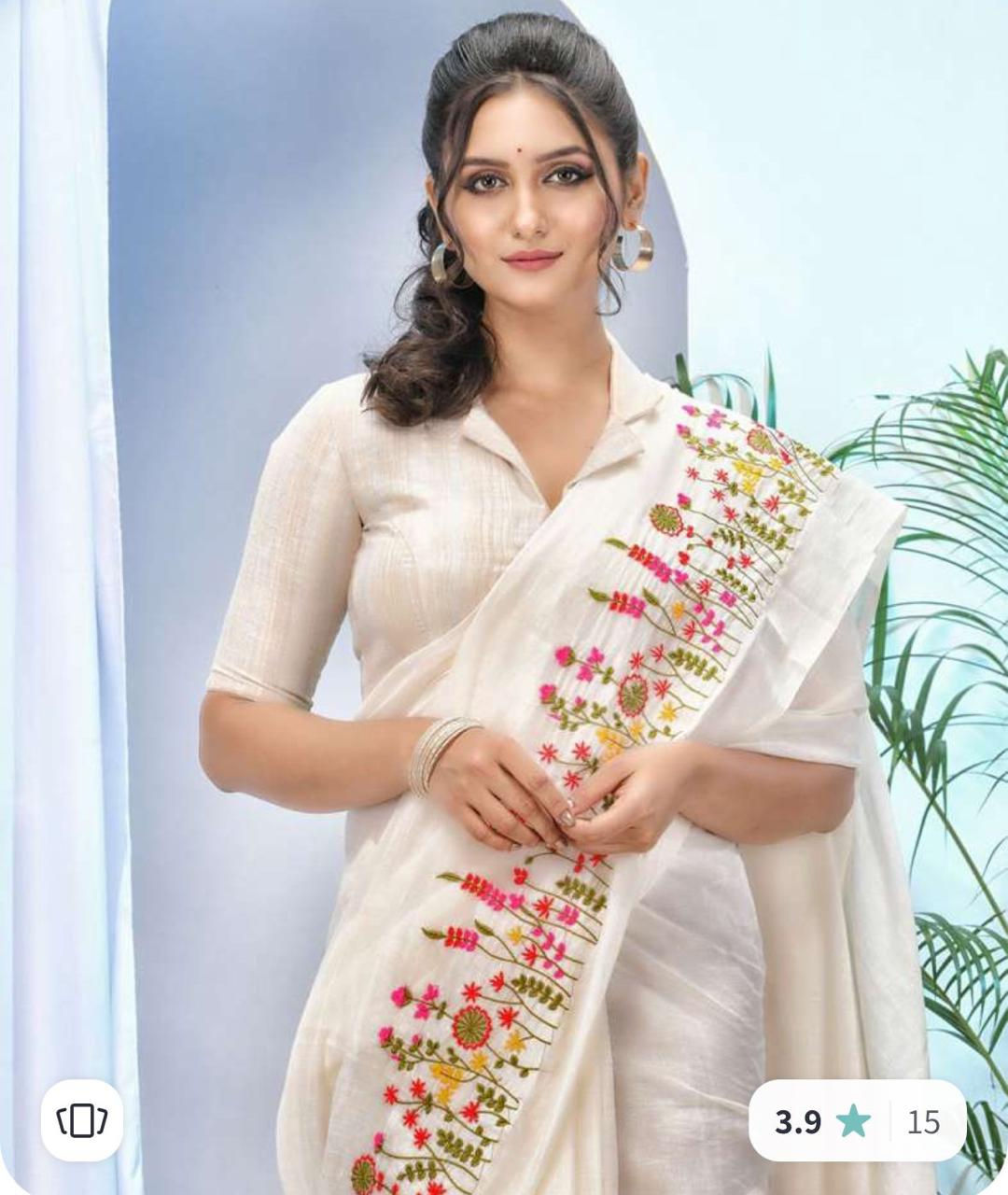 White Soft Khadi Cotton Sarees with grass embroidery work