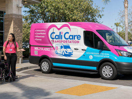 Cali Care Transportation van at a clinic curbside for a plain-English NEMT family guide