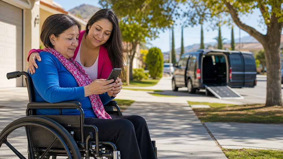 Wheelchair user and caregiver reviewing a scheduled ride confirmation in a San Bernardino neighborhood