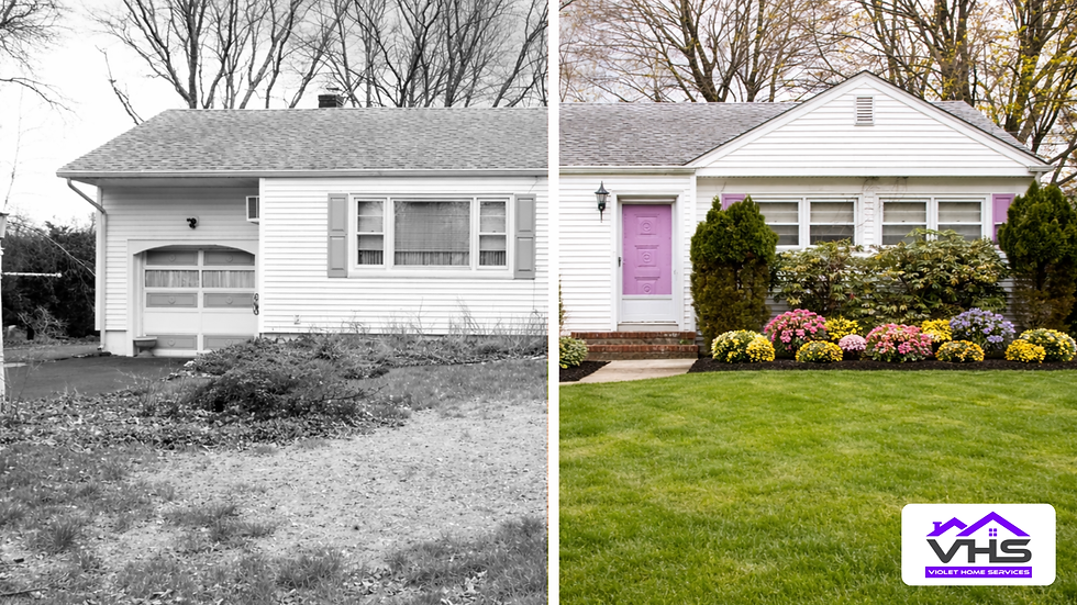 Wooden deck with autumn leaves, surrounded by trees. Text: "Charlotte’s Fall Home Care Game Plan: From Leaf Removal to Deck Prep." VHS logo visible.