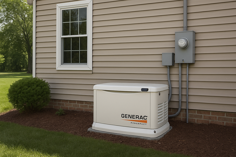 Generator labeled "Generac Powerpact" next to house with beige siding, window, and electrical box. Green lawn and shrub in foreground.