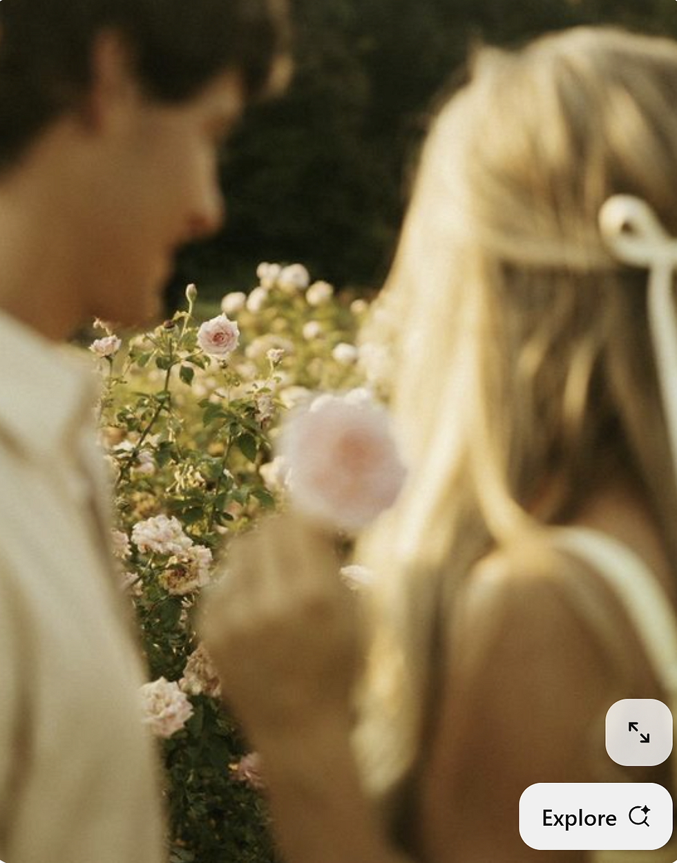 Two people in a garden with blooming pink roses. One holds a flower near their face. Warm, soft-focus setting creates a romantic mood.