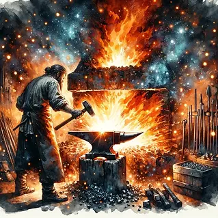 DALL·E 2024-06-08 11.29.39 - A raging forge with intense flames, molten metal, surrounded