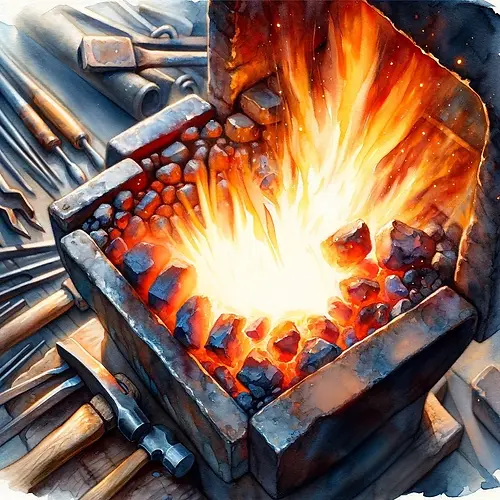 DALL·E 2024-06-10 16.53.26 - A detailed close-up watercolor painting of a blacksmithing fo