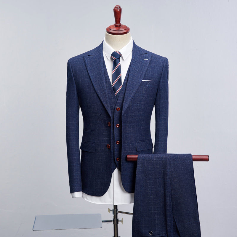 Blue Suit Plaid Business Casual 3 Piece Suit