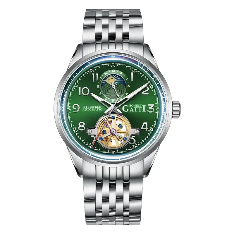 Thumbnail: Oupinke 3186 automatic mechanical watch with green dial