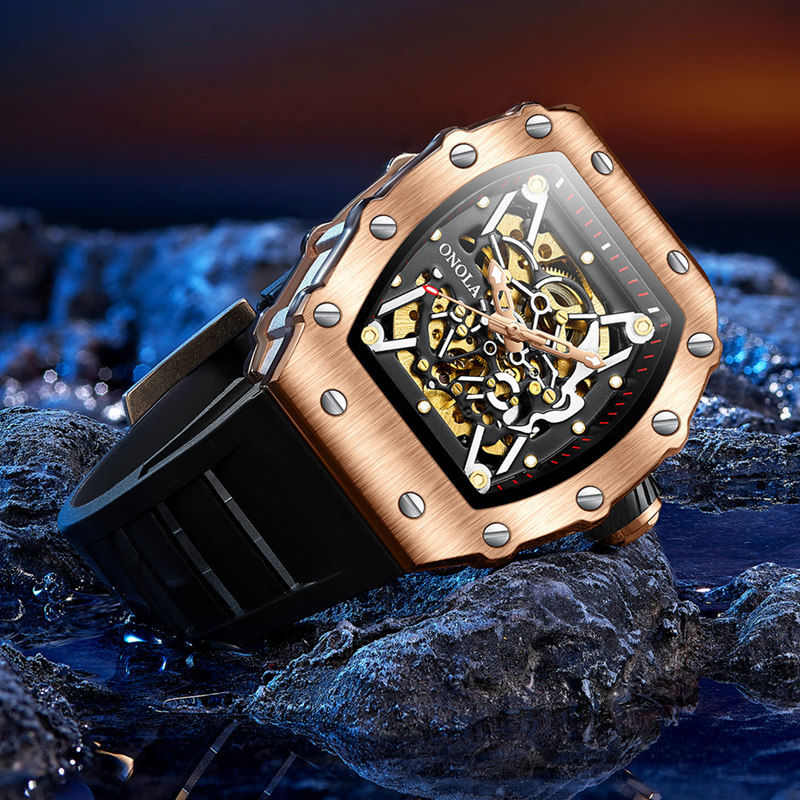 Thumbnail: Rose gold skeleton watch with black strap