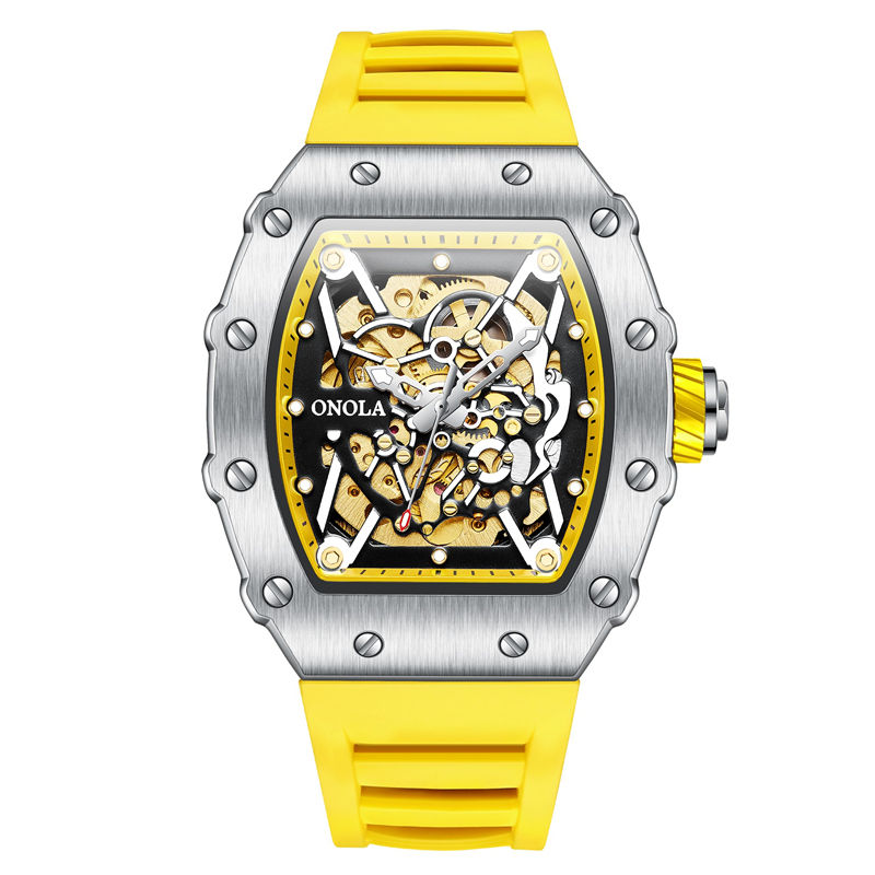 Thumbnail: ONOLA watch with yellow strap, silver case, and skeleton dial