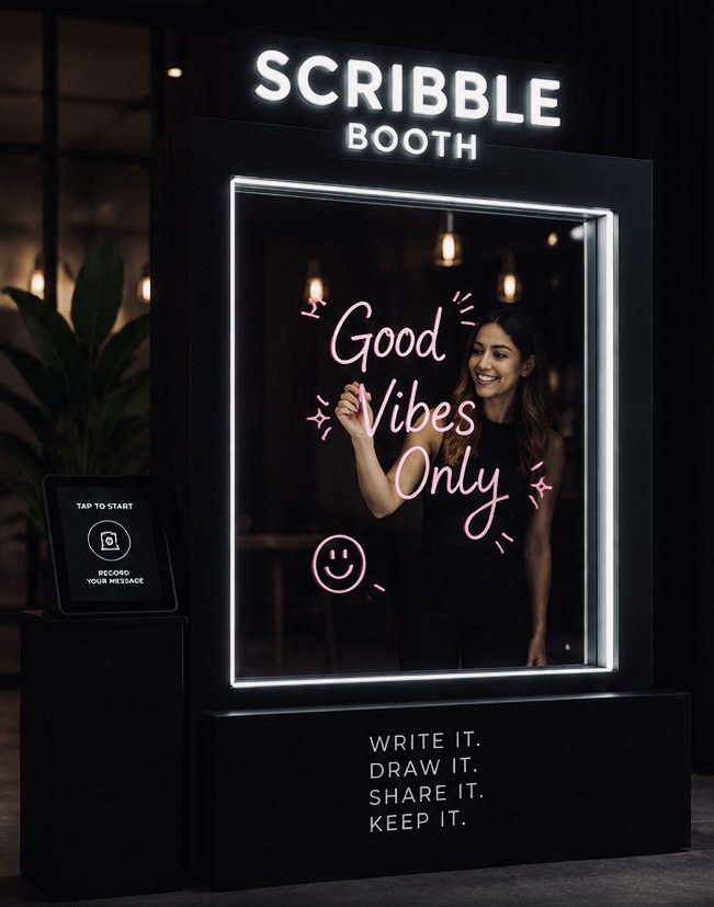 Guest drawing on a glass panel at a scribble video booth