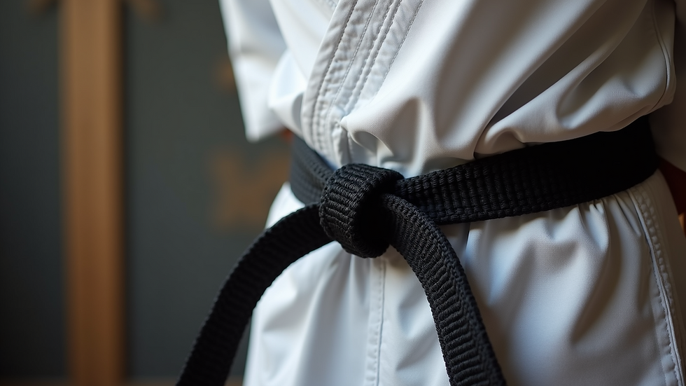 Close-up of a karate belt tied firmly around the waist