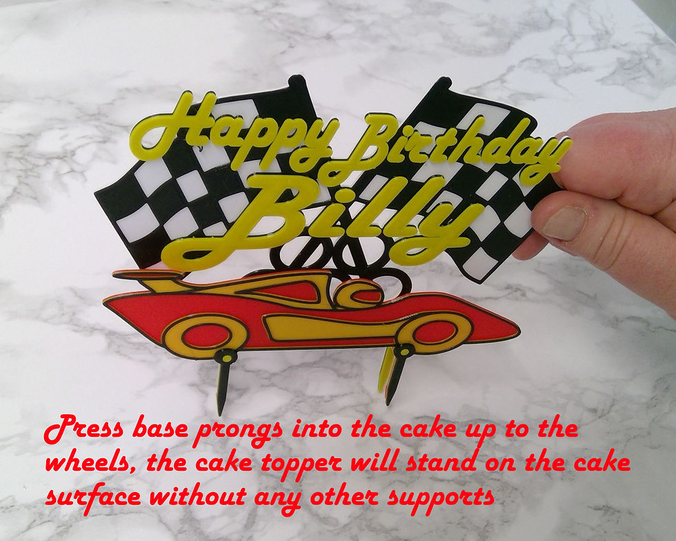 Thumbnail: Cake Topper, Race Car with Chequered Flags. Personalise Your Birthday Cake