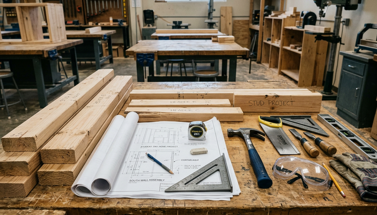 Eye-level view of construction materials arranged for a student building project.