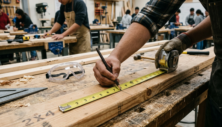 Close-up of a student measuring a wooden board during a construction class.