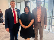 Maricela "Mari" De León, Executive Director, is pictured with Aaron Kinsey, Chairman of the Texas State Board of Education, and Mike Morath, Commissioner of the Texas Education Agency, in Austin, Texas, highlighting our focus on aligning objectives with Member Districts' priorities for college and career readiness and delivering valuable insights to educators for classroom success.
