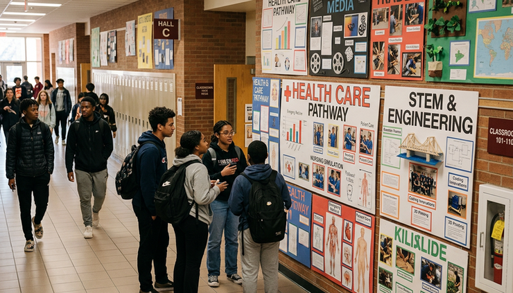 Wide-angle view of a school hallway with student-made career pathway displays