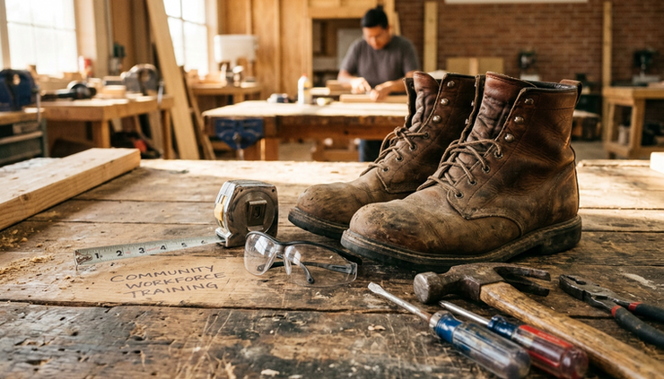 Close-up view of work boots beside tools on a training workbench.