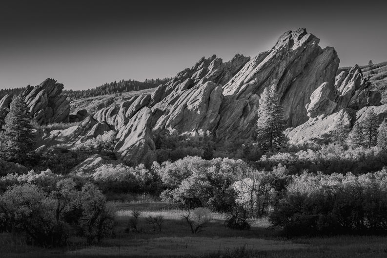 Black and White Photo of Red rock formations in Roxborough State Park, Colorado during sunrise.