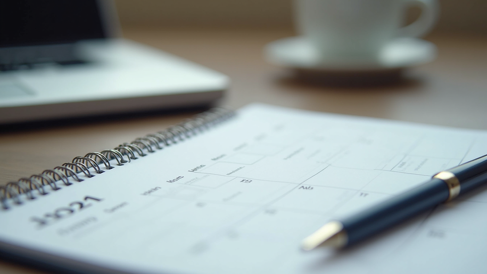 Close-up view of a calendar and pen on a desk
