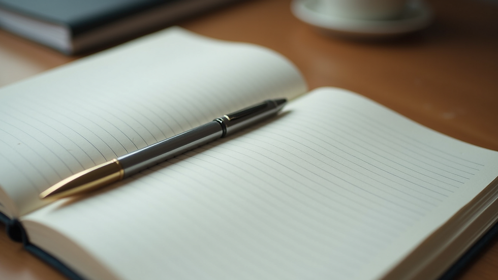 Close-up view of a journal and pen on a wooden desk, ready for stress relief planning