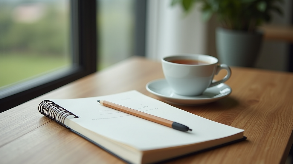 Eye-level view of a calm workspace with a journal and a cup of tea
