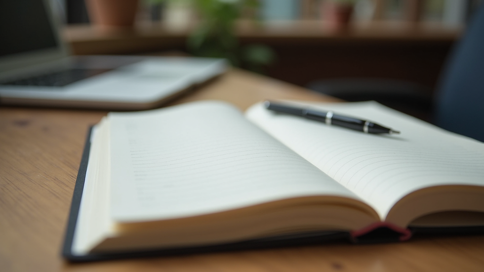 Eye-level view of an open journal with a pen resting on the page