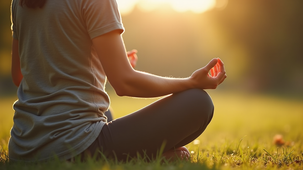 Close-up view of a person sitting cross-legged practicing mindful breathing outdoors