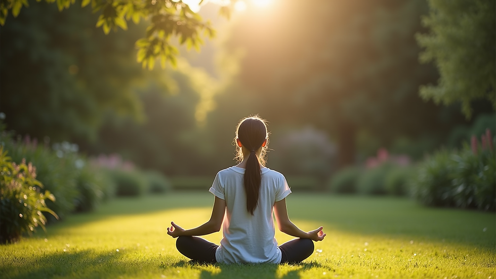 Eye-level view of a person meditating in a peaceful garden