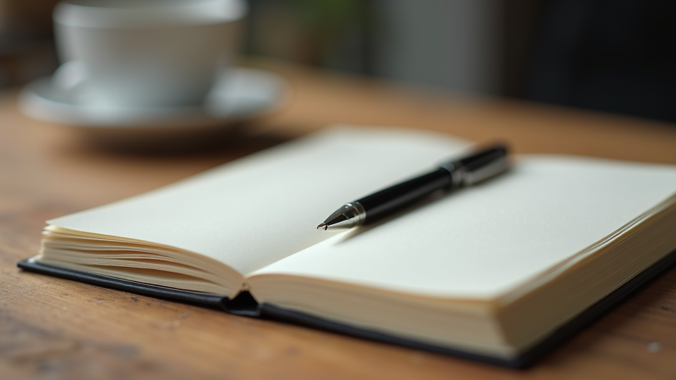 Close-up view of a journal and pen on a wooden table