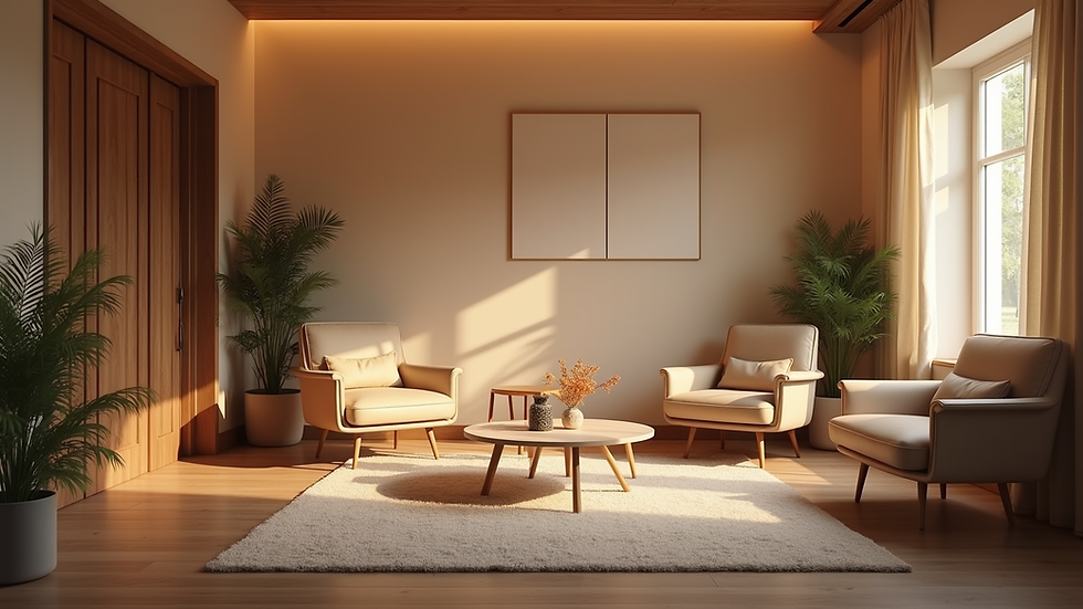 Eye-level view of a cozy, inviting coaching room with soft lighting