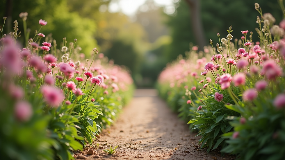Eye-level view of a serene garden path with blooming flowers