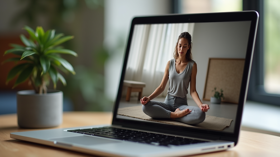 Close-up view of a laptop screen showing a virtual mindfulness coaching session
